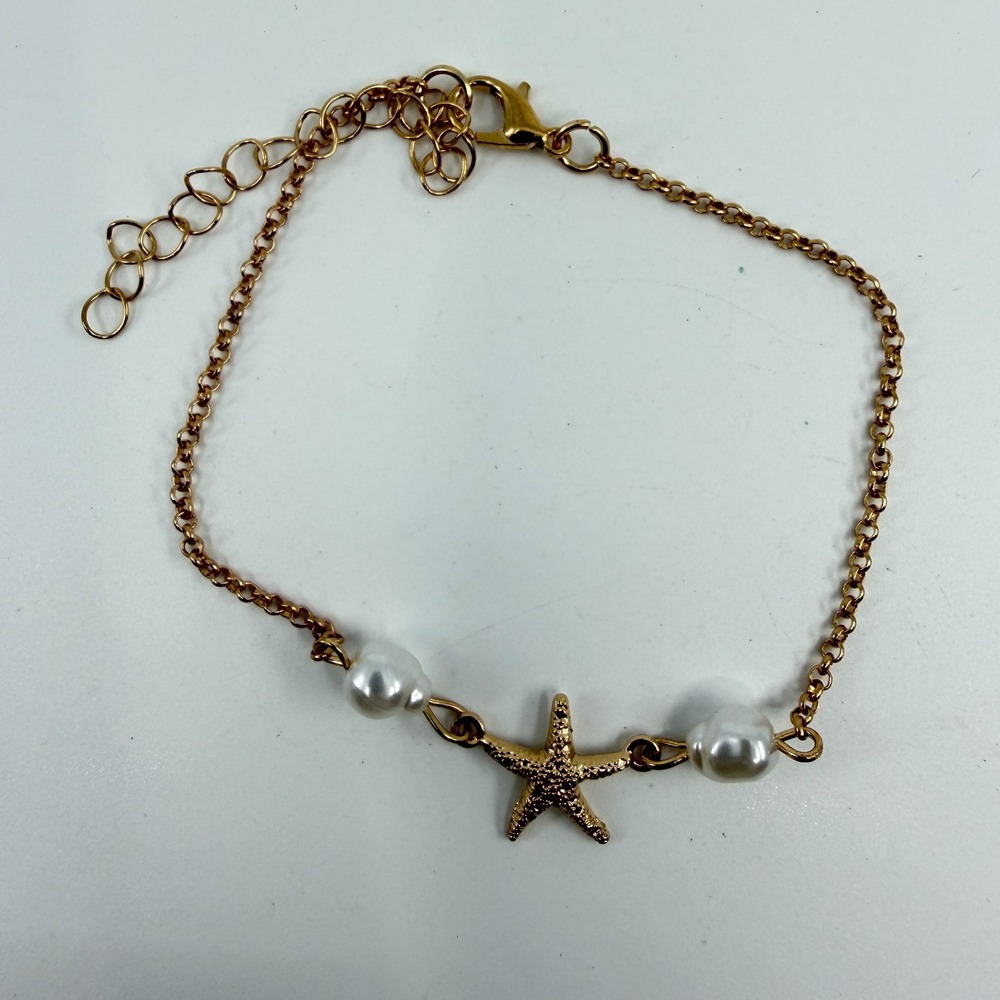Gold Tone Starfish Bracelet Coastal Beach Jewelry White Pearl Accent Trendy Gift - Picture 4 of 14